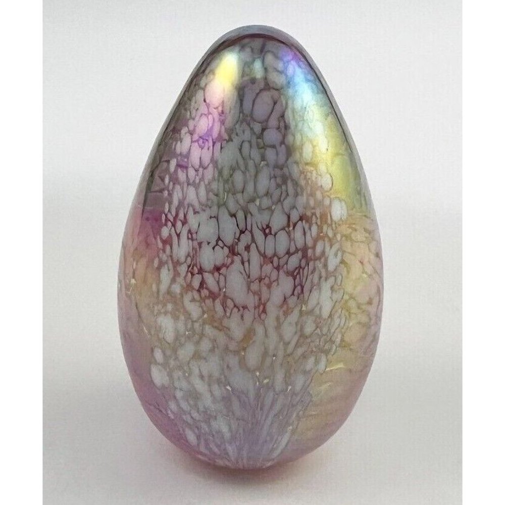 Vintage 1994 Glass Eye Studio GES Pink White Dichroic Glass Egg Paperweight